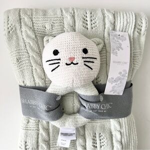 NWT Shabby Chic Knit Baby Blanket & Rattle Gift Set- Unisex Cottagecore Newborn